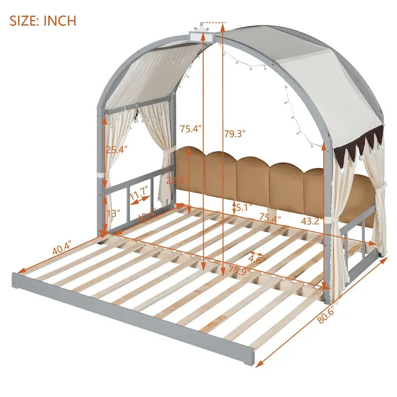 Letto Montessori a piattaforma in legno massello a forma di casetta, con tetto ad arco e letto estraibile, per bambine e bambini
