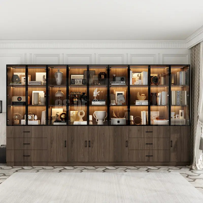 Credenza illuminata personalizzabile in alluminio e vetro per buffet o libreria