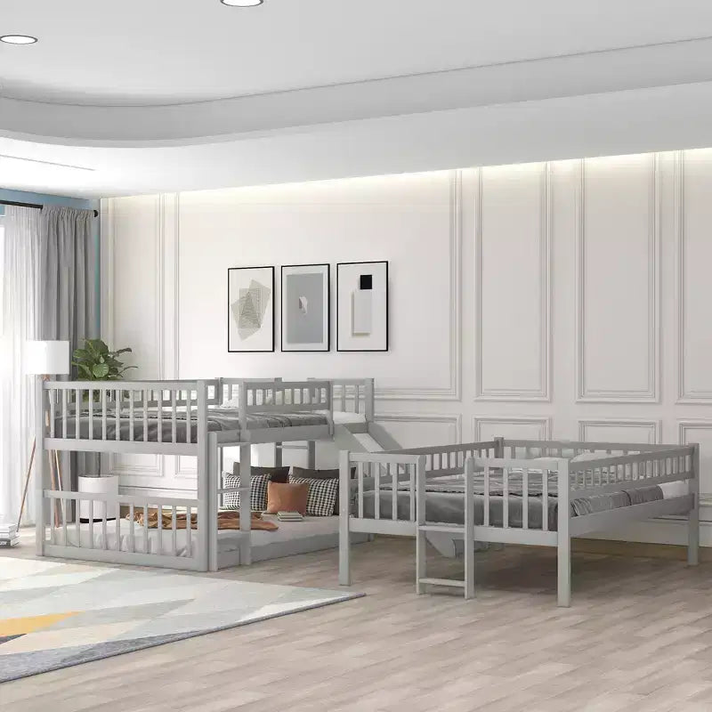 Trospratni krevet na kat Full over Full s podesivim ljestvama i toboganom, trokrevetni krevet sa zaštitnim ogradama, bijeli/sivi/espresso - ModernLuxe