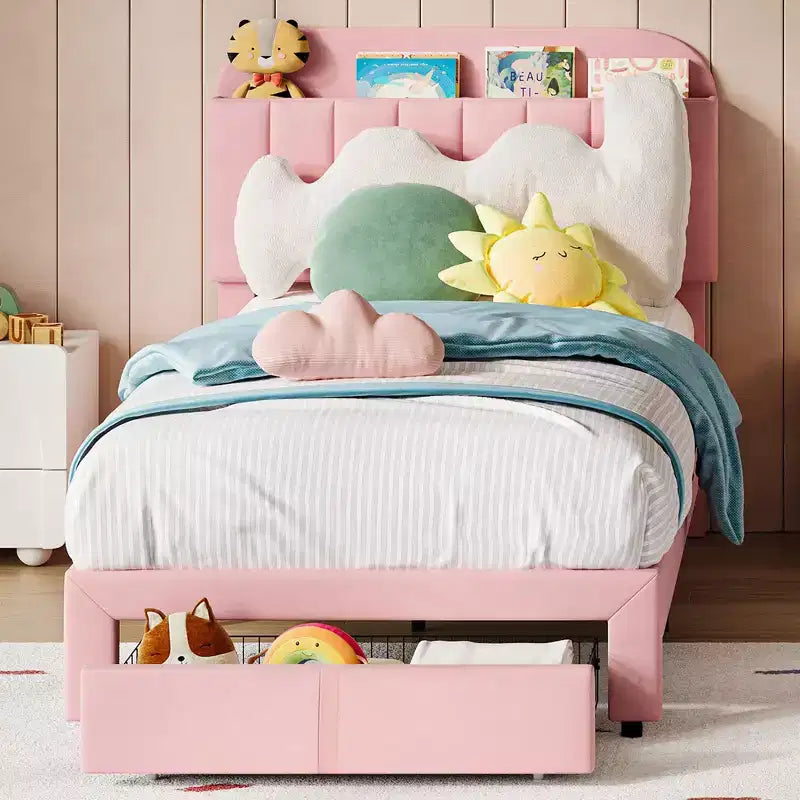 Struttura letto singolo doppio con 2 cassetti contenitore e testiera, rivestita in velluto, profilo basso, senza rumori, facile da assemblare, rosa