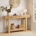 Geribbelde houten consoletafel in landelijke stijl, 2 niveaus met plankopbergruimte, rechthoekige smalle haltafel achter de bank voor hal, gang of woonkamer