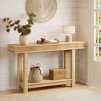 Geribbelde houten consoletafel in landelijke stijl, 2 niveaus met plankopbergruimte, rechthoekige smalle haltafel achter de bank voor hal, gang of woonkamer