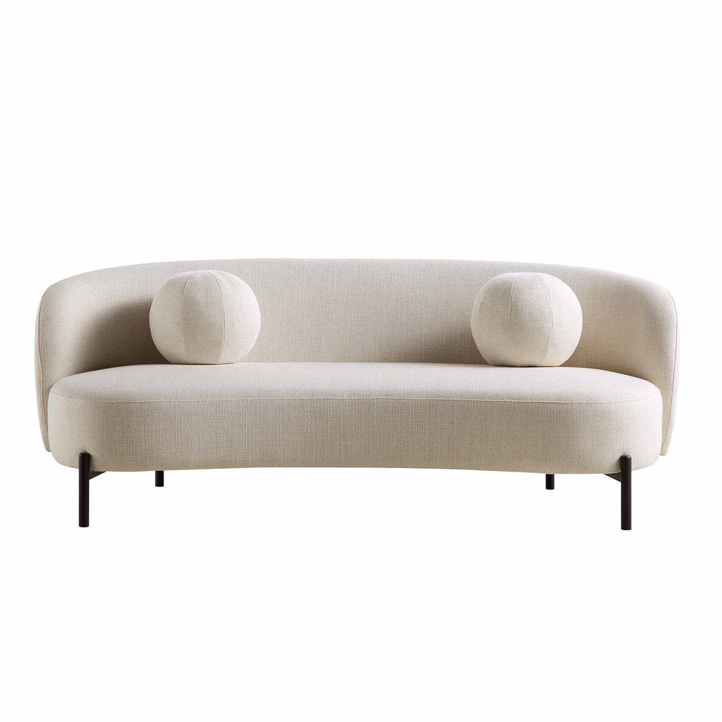 Divano curvo a 3 posti con cuscini sferici, misto lino beige