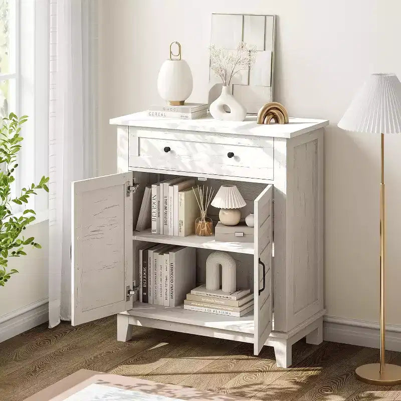 Rustikaler 80-cm-Stauraumschrank mit Lamellentüren, 3-fach höhenverstellbar, Doppeltürenschrank für Küche, Esszimmer und Homeoffice