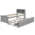 Platform Bed with Trundle and Drawers, Storage Platform Bed with USB, Wood Platform Bed with Bookcase