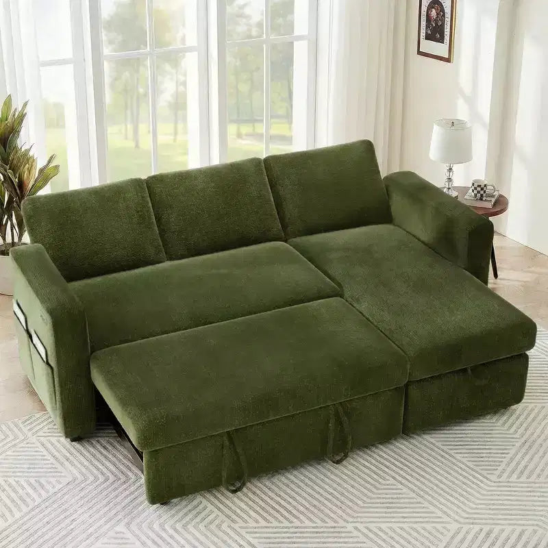 Divano letto estraibile 2-in-1 con chaise longue contenitore, divano componibile in ciniglia con porte USB per il soggiorno
