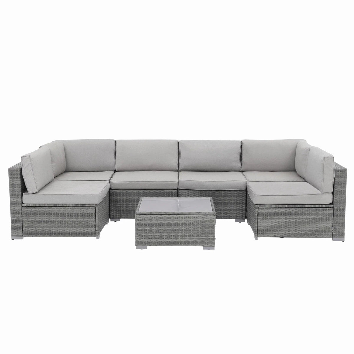 7-delige outdoor loungeset van vlechtwerk en staal met kussens