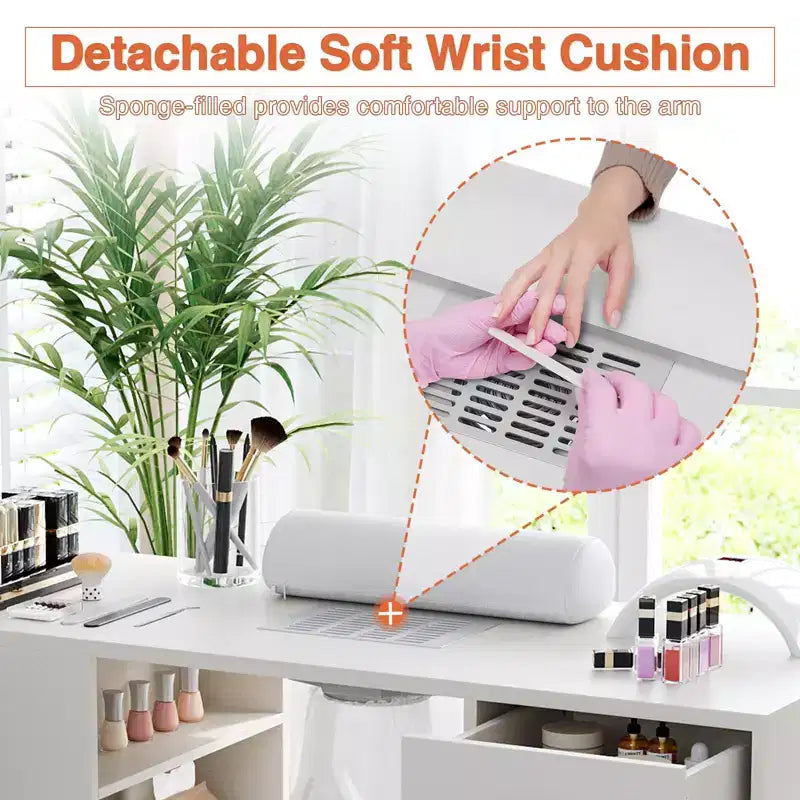 Tavolo da manicure GustoWave da 42,5" con poggiapolsi e aspiratore per polveri, scrivania per unghie con armadietto verticale estraibile, bianco