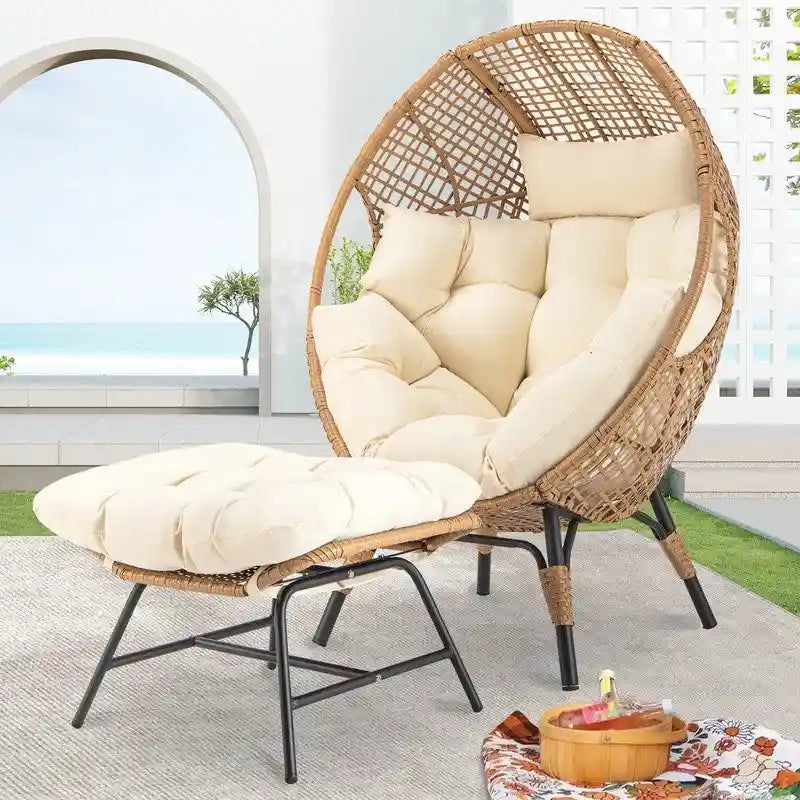 Sedia a uovo da interno FINCATI, sedia a uovo da esterno da 440 libbre, sedia a uovo oversize con pouf, sedia a uovo di lusso e confortevole con poggiapiedi