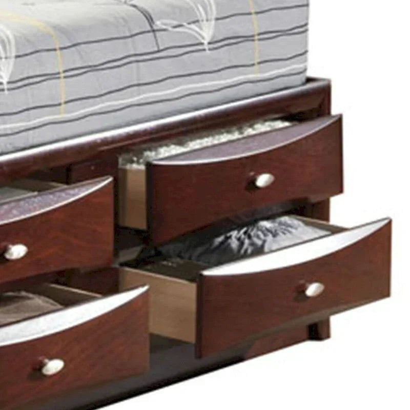 Letto matrimoniale dal design a pannelli con libreria e cassetti, marrone