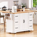 Expandable Drop-Leaf Kitchen Island, Kitchen Cart on 4 Wheels with Power Outlet, Moveable Island Table with 2 Door & 6 Drawers