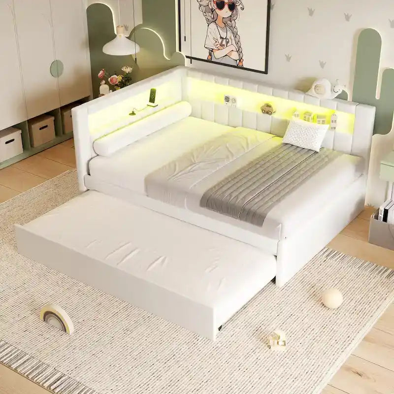 Gestoffeerd platformbed met USB-poorten en ledverlichting - bedframe voor tweepersoonsbed/twin-size met 2 opberglades - moderne slaapkamer