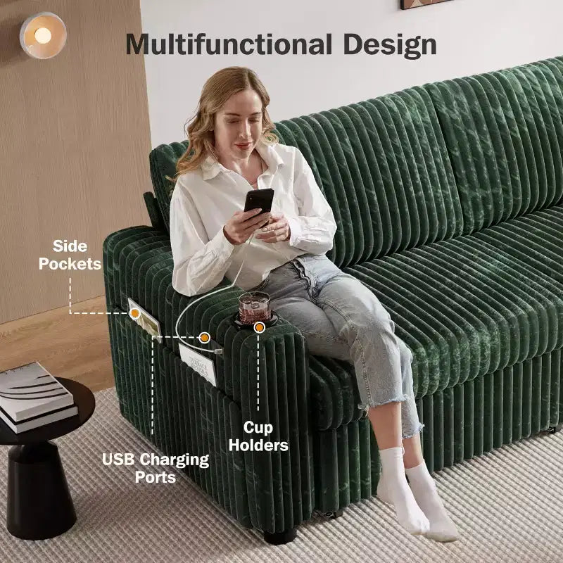 Dyonery 91 Eckschlafsofa mit ausziehbarem Bett, verstellbarer Rückenlehne, zwei ausziehbaren Betten, USB-Anschlüssen und Getränkehaltern, weicher Cordbezug