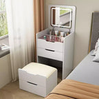 Toeletta 3-in-1 Okak con specchio ribaltabile, toeletta compatta con piano in vetro trasparente e sgabello imbottito, scrivania da toeletta per camera da letto