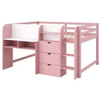 Roze/wit laag halfhoogslaper met bureau, opbergruimte en whiteboard – eenpersoonsbed, voor 1 persoon