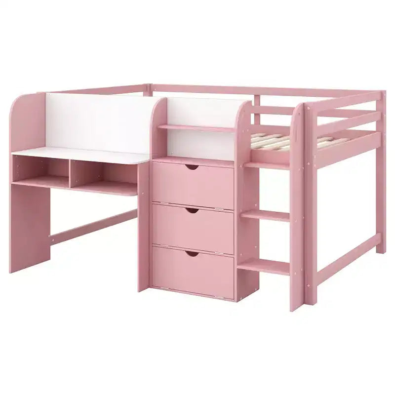 Roze/wit laag halfhoogslaper met bureau, opbergruimte en whiteboard – eenpersoonsbed, voor 1 persoon