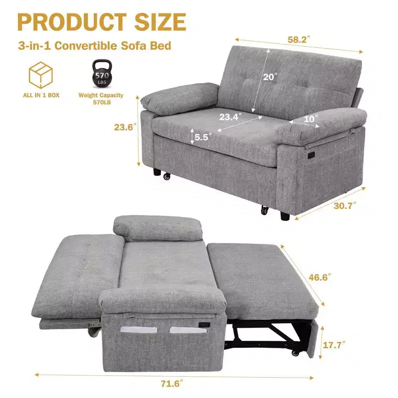 Dyonery 3-in-1-Schlafsofa, ausziehbares Schlafsofa mit verstellbarer Rückenlehne