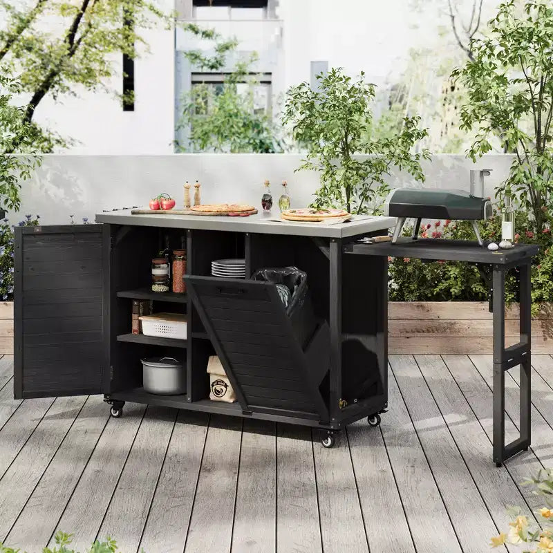 78,3 Zoll große Outdoor-Kücheninsel mit Edelstahl-Arbeitsplatte, klappbarer BBQ-Station und Aufbewahrungsschränken, Schwarz