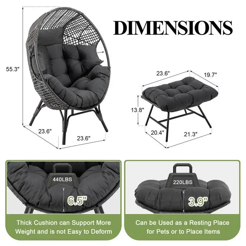 Sedia a uovo da interno FINCATI, sedia a uovo da esterno da 440 libbre, sedia a uovo oversize con pouf, sedia a uovo di lusso e confortevole con poggiapiedi