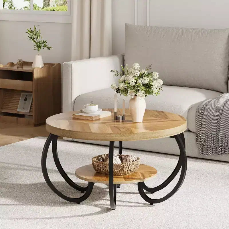Runder industrieller Couchtisch mit 76 cm Durchmesser, 2 Ebenen, verstellbaren Füßen, Ablage in Holzoptik, Flammendesign, einfache Montage, Wohnzimmer