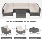 7-delige outdoor loungeset van vlechtwerk en staal met kussens