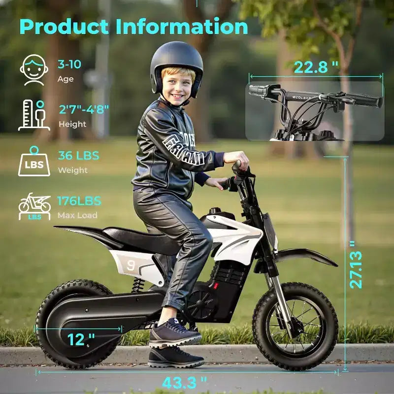 ECOLEAP K1 elektrische crossmotor voor kinderen, 36 V, snel tot 16 MPH, bereik van 14 mijl, piekvermogen van 700 W, 3 snelheidsstanden, 12 terreinbanden, UL, voor 3-10 jaar