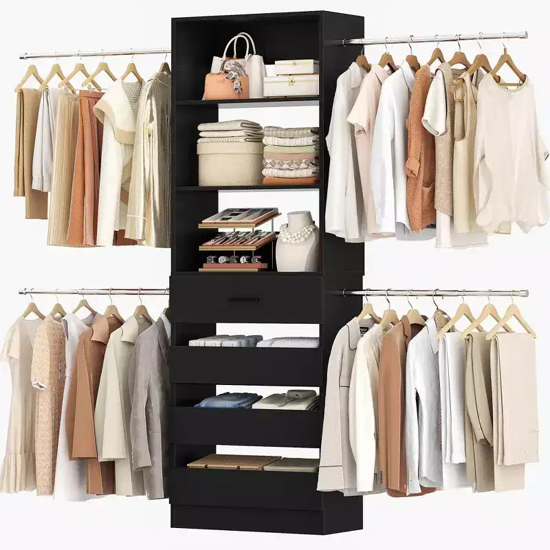 Sistema organizzatore per armadio in legno Besiost da 4-9 piedi, con 4 cassetti, 4 barre appendiabiti e moduli a ripiani