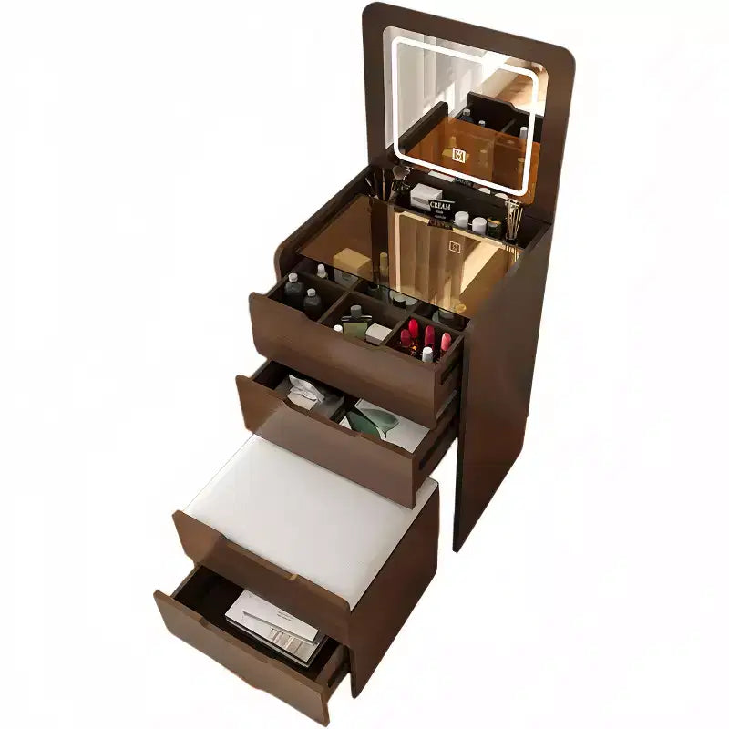 Toeletta 3-in-1 Okak con specchio ribaltabile, toeletta compatta con piano in vetro trasparente e sgabello imbottito, scrivania da toeletta per camera da letto