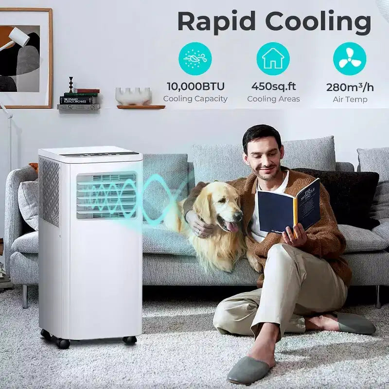 Tragbare Klimaanlage mit 8.000 BTU, 3-in-1-Gerät mit 4 Modi, Timer, LED-Display, Fernbedienung und Installationsset, für Schlafzimmer, Wohnzimmer oder Büro, Weiß.